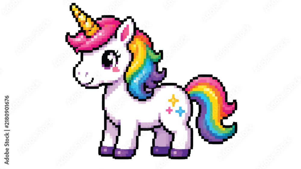 Obraz premium Magical white unicorn with rainbow mane and tail, colorful fantasy character illustration for children, fairy tales, stickers and whimsical designs