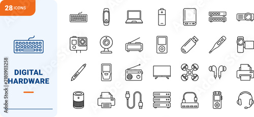 Electronics line icon set. Vector pictograms of computers, mobile devices, audio hardware, and camera equipment elements, thin linear illustration.