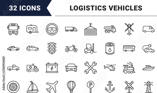 Transportation line icon set. Vector pictograms of vehicle, logistics, car, and truck elements, thin linear illustration.