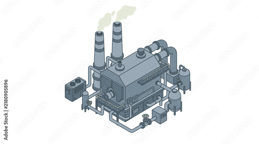 Fototapeta premium Creative Isometric of Industrial Boiler System with Pipes Chimneys and Steam Emissions in Monochromatic Blue Gray
