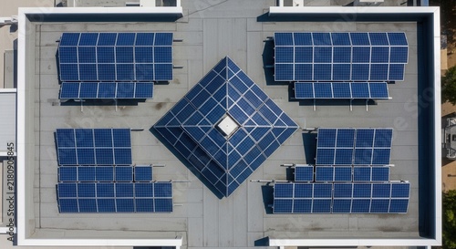 Fototapeta Modern Rooftop Solar Panel Installation Array And Geometric Skylight