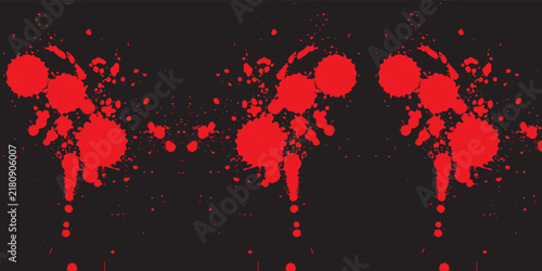 Abstract red blood splatter and drip pattern isolated on dark black background, seamless texture vector illustration.