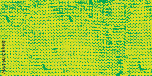 Yellow and green abstract halftone grunge dot texture background with distressed fabric mesh overlay pattern for design vector element.