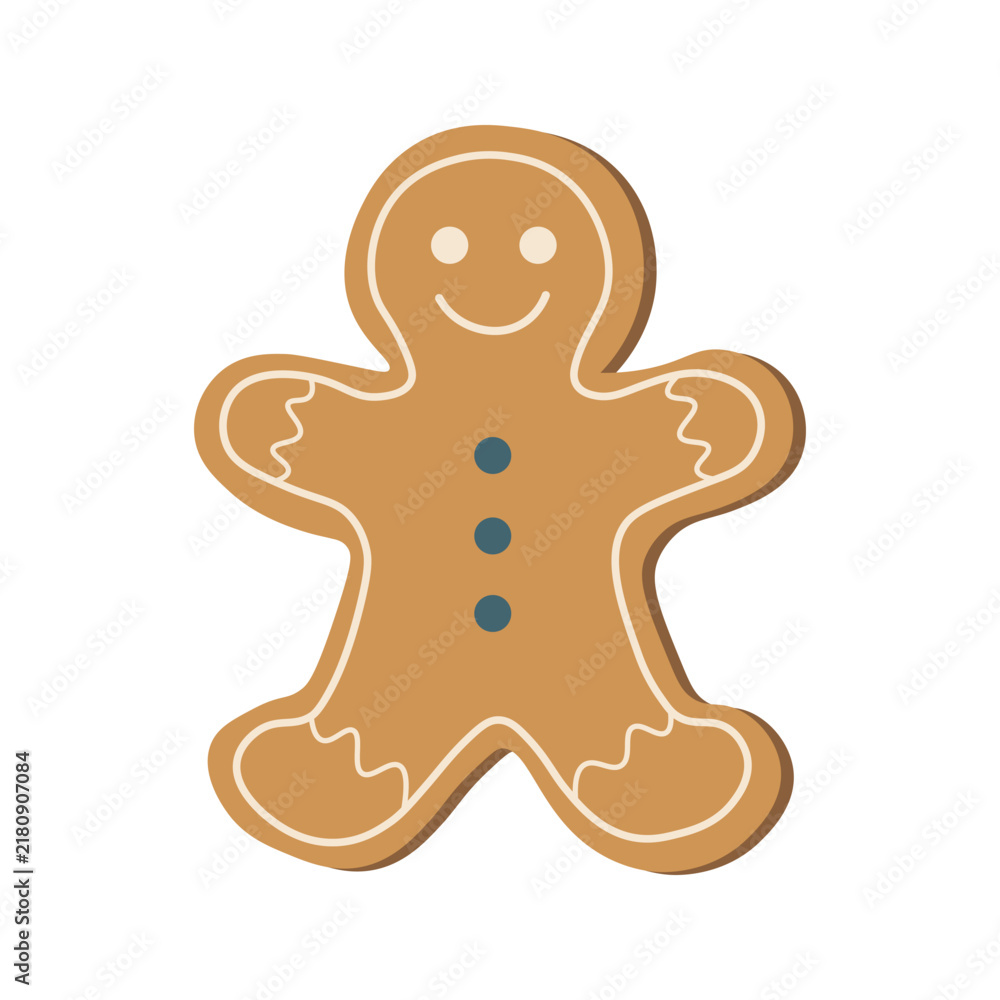 Obraz premium Cute smiling gingerbread man cookie vector illustration. Sweet traditional Christmas and winter holiday bakery treat isolated on white background.