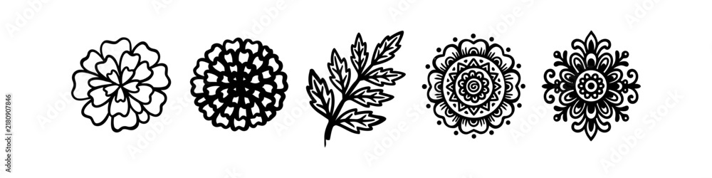 Obraz premium Set of hand-drawn floral ornaments featuring marigold flowers, a leafy branch, and mandala designs. Black and white line art vector illustrations perfect for folk art and boho projects.