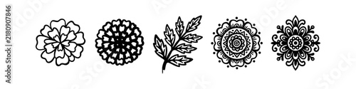 Set of hand-drawn floral ornaments featuring marigold flowers, a leafy branch, and mandala designs. Black and white line art vector illustrations perfect for folk art and boho projects.
