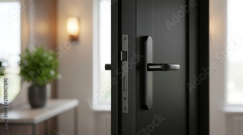 Modern residential entrance detail featuring a black armored apartment door and mortise lock.