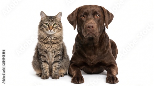 Fluffy Cat and Brown Dog Sitting Together Isolated on White Background