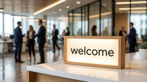Modern office reception area featuring an illuminated welcome sign and blurred business people silhouettes.