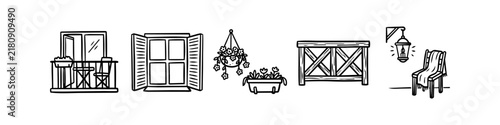 Hand-drawn doodle set of cozy balcony and terrace elements, including windows with shutters, flower boxes, wooden railings, and an outdoor chair with a lantern.