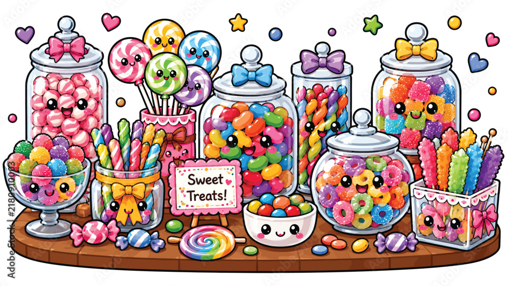 Naklejka premium Colorful candy shop display filled with jars of lollipops, gummies, cookies, cupcakes and sweet treats for festive celebrations