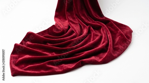 Deep Red Velvet Fabric Drapes Curve Isolated on White Background
