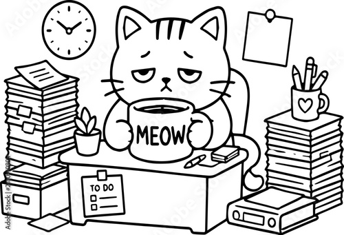 Tired Cat Drinking Coffee at Office Desk Coloring Page for Kids and Adults