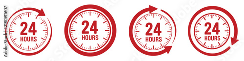Foto 24 Hours Service Icons: A set of four circular icons, each displaying a clock face with the text 24 HOURS and a circular arrow indicating continuous service