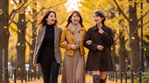 Plakat イチョウ舞い散る並木道を腕を組んで楽しそうに歩く女性3人（秋の行楽・女子旅・散策）