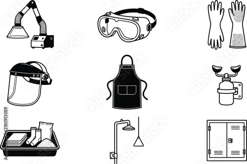 Laboratory Chemical Safety and Industrial PPE Icon Collection featuring Fume Extraction Arm, Face Shield, Protective Apron, Eyewash Bottle, and Spill Kit Vectors,