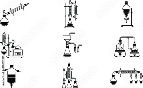 Organic Chemistry Chemical Distillation and Glassware Laboratory Apparatus Icon Collection featuring Rotary Evaporator, Vacuum Filtration Assembly, Separatory Funnel, and Fractional Column Vectors,