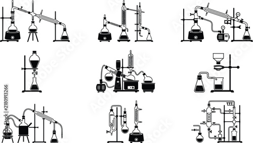 Organic Chemistry Distillation Apparatus and Glassware Laboratory Icon Collection with Rotary Evaporator, Vacuum Pump, Separatory Funnel, and Complex Extraction Stand Vectors,