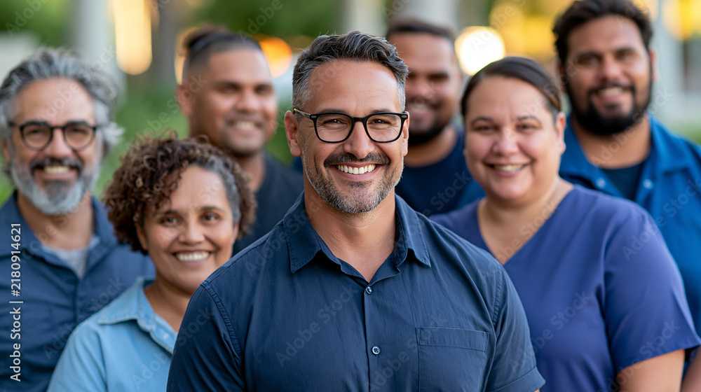 Obraz premium Diverse Indigenous community members standing together outdoors during golden hour, different generations and professions, unity, cultural pride, inclusion, contemporary