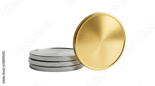 A stack of silver coins and one upright gold coin isolated on transparent background