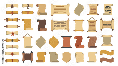 Fotografie Ancient paper scrolls and old parchment sheets collection vector.