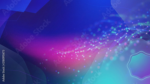 Abstract Futuristic Digital Technology Background Featuring Glowing Blue and Magenta Plexus Network Nodes, Organic Fluid Shapes, Dynamic Data Streams, and Advanced Big Data Visualization for Corporate
