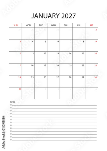 January 2027 English Simple Line Monthly Planner Template Classic Corporate Calendar Grid (Compatible with 2038 and 2049).