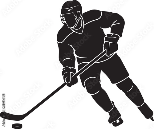 Ice hockey player silhouette skating with puck and stick vector for sports competition and team tournaments.