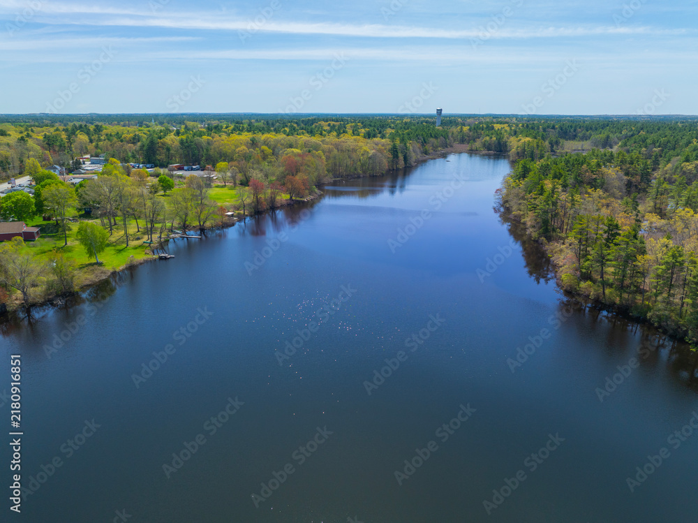 Fototapeta premium Norton Reservoir aerial view in spring in town of Norton, Bristol County, Massachusetts MA, USA. 