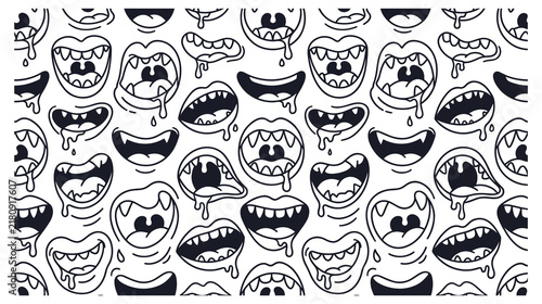 Bild auf Leinwand Spooky monster mouth seamless pattern in outline drawing style.
