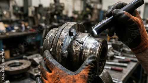 Technician Inspecting Industrial Bearing and Mechanical Component in Workshop - Maintenance Concept