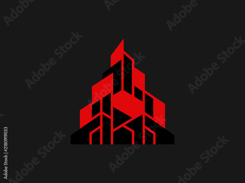 Geometric Red Skyscraper Silhouette Against Dark Background
