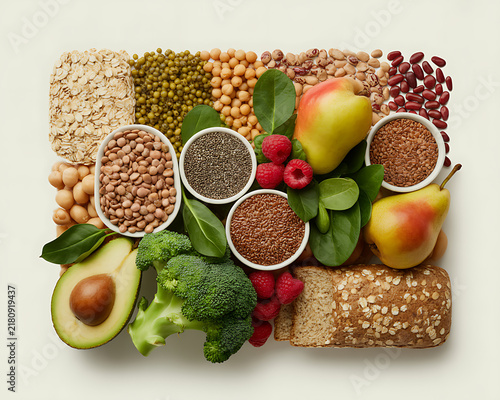 Healthy food composition with grains seeds legumes and fresh produce on light surface