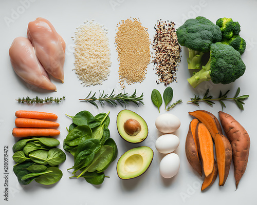 Healthy Raw Ingredients Flat Lay With Chicken Breast Broccoli Avocado And Sweet Potato Slices