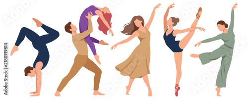 Professional dancers performing ballet and modern dance movements.