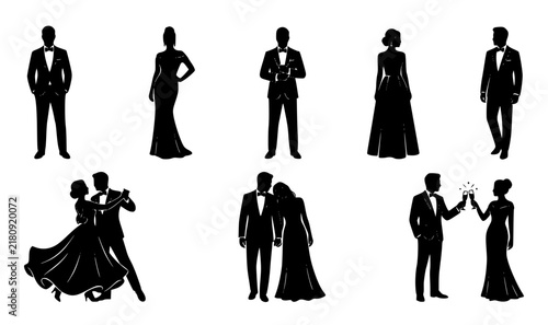 Luxury formal attire silhouette collection with elegant couples and individuals in tuxedo and evening gown