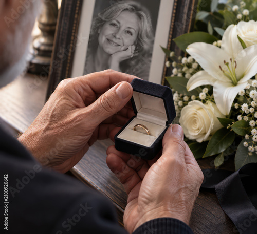 Widower Holding Wedding Ring Beside Late Wife Portrait and Funeral Flowers