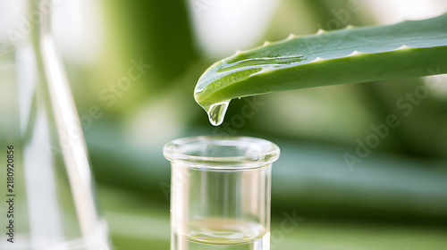 Aloe vera leaf, Aloe barbadensis miller, dripping fresh gel into a glass test tube in a laboratory for natural cosmetic product dev