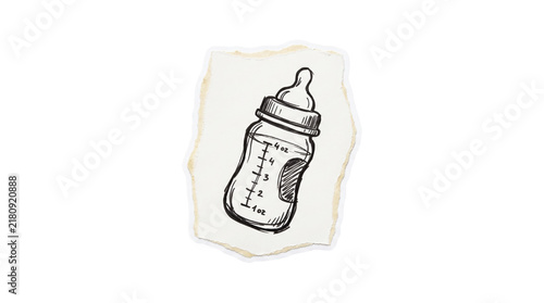 Foto Hand-drawn baby bottle marker sketch on torn paper note, infant care and parenti