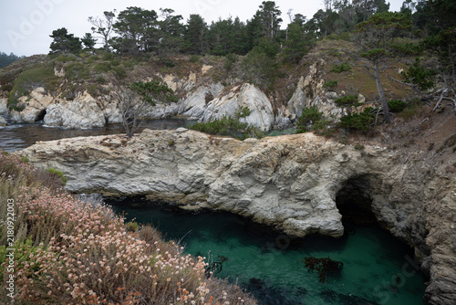 Canvastavla Panoramic rocky coastal lagoon surrounded by windswept forest and sea caves