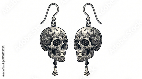 Foto Ornate silver skull earrings with floral engravings and bone dangle