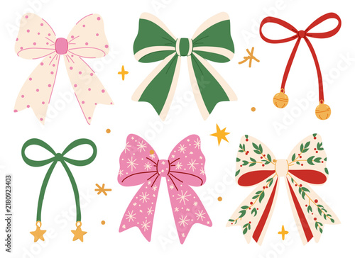 Vintage cozy handmade Christmas bows and ornaments collection, ribbon bows, bells, candle with greenery, gingham and polka dot ribbons, rustic holiday decorations, flat vector set