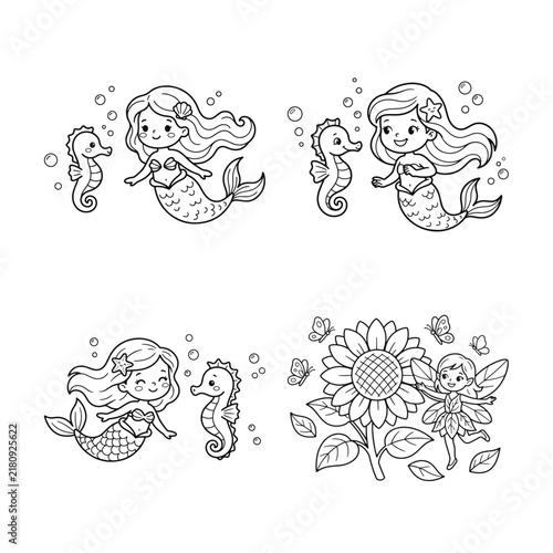 Floral and marine life vector illustration features mermaids seahorses sunflowers and a fairy with a white background