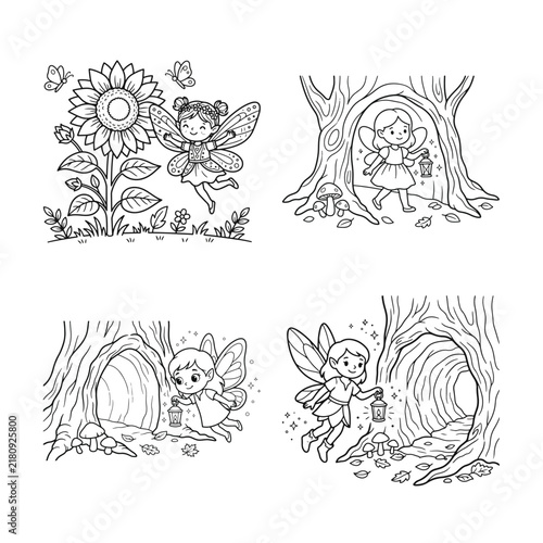 Floral ornament featuring fairies and sunflowers is a detailed vector illustration with a white background fairytale