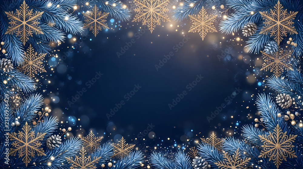 Fototapeta premium Blue winter holiday frame with golden snowflakes and frosted pine needles