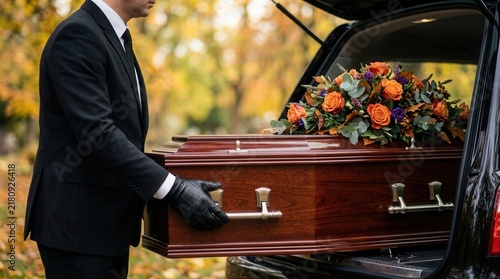 Flowers adorn the coffin for burial as a pallbearer in a suit carries it into a car.