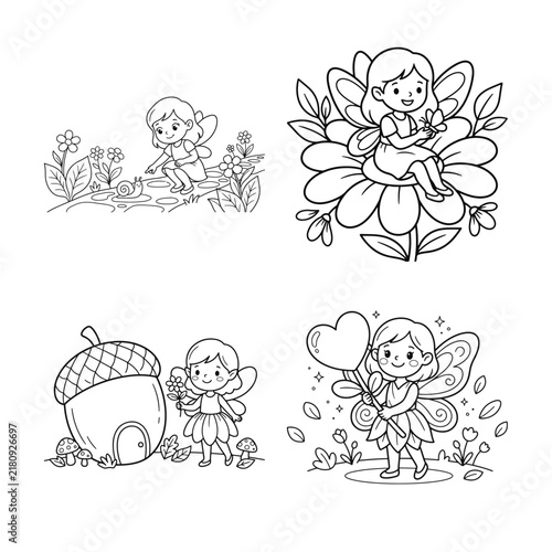 Four black and white vector illustrations depict whimsical fairies with flowers acorn bloom botanical cartoon childlike
