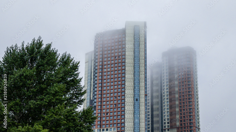 Fototapeta premium Modern high-rise residential buildings shrouded in dense fog and low clouds, framed by lush green trees in moody urban cityscape
