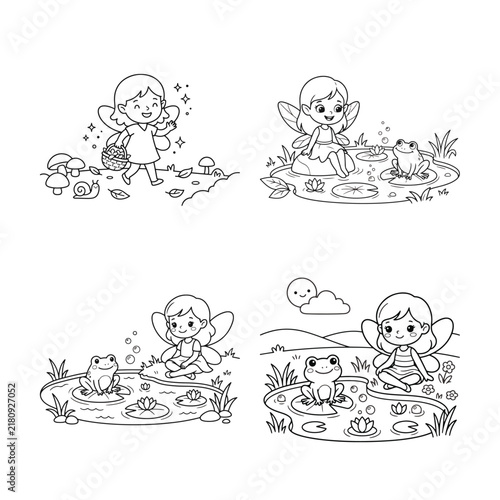 Four scenes depict fairies interacting with frogs and nature in a black and white vector illustration