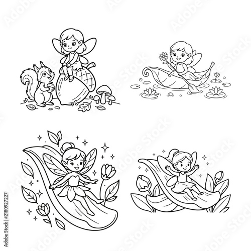 Four whimsical fairies with woodland creatures and floral elements are depicted in a vector illustration forest